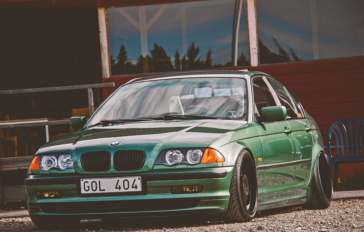 зелен BMW седан, тунинг, BMW, E46, стойка, HD тапет