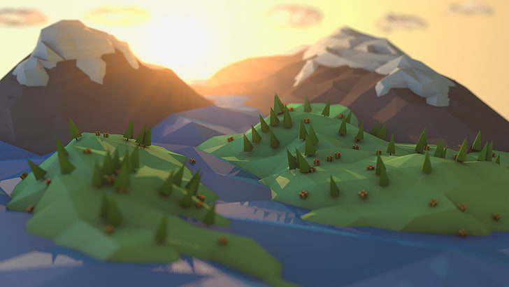 mountains and trees illustration, untitled, low poly, digital art, landscape, mountains, sunlight, river, trees, tilt shift, presents, HD wallpaper