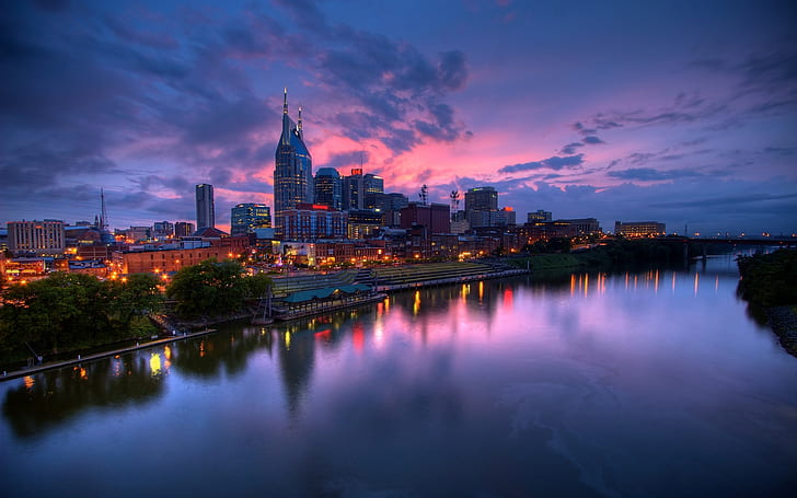 rivière, lumières, ville, USA, Tennessee, urbain, Nashville, paysage urbain, ciel, Fond d'écran HD