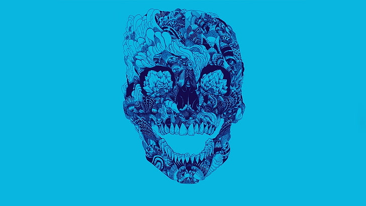 青い頭蓋骨のデジタル壁紙、ミニマリズム、頭蓋骨、シンプルな背景、青い背景、アートワーク、歯、シアンの背景、シアン、ブルー、 HDデスクトップの壁紙