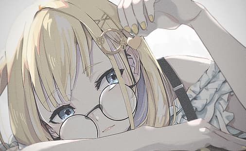 Anime, Anime Mädchen, Brille, blaue Augen, blond, lange Haare, weißer Hintergrund, gelbe Nägel, Zahnräder, Kleid, Herz, Watson Amelia, Hololive, HD-Hintergrundbild HD wallpaper