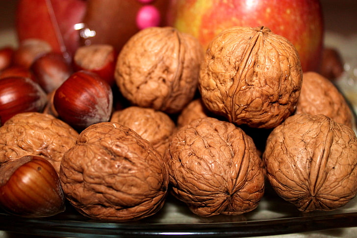 walnut lot, walnuts, hazelnuts, apples, HD wallpaper