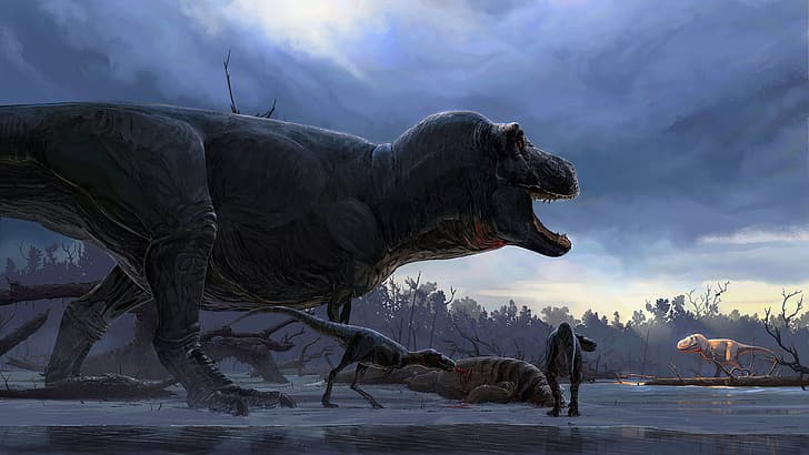 Predador, Animais, Arte, T-Rex, Tiranossauro, Grin, Dinossauros, Tiranossauro Rex, Caça, Древние животные, HD papel de parede