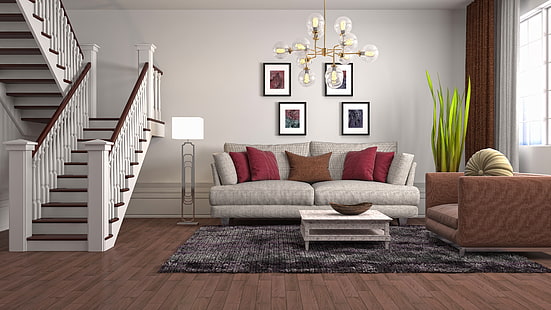 design, mobilio, interni, scala, lampadario, soggiorno, Sfondo HD HD wallpaper