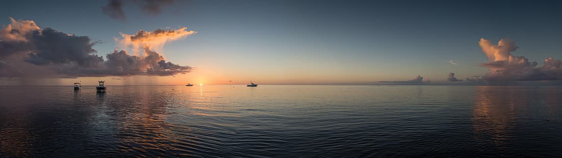  landscape, sea, horizon, sunset, clouds, nature, boat, dual display, multiple display, HD wallpaper HD wallpaper