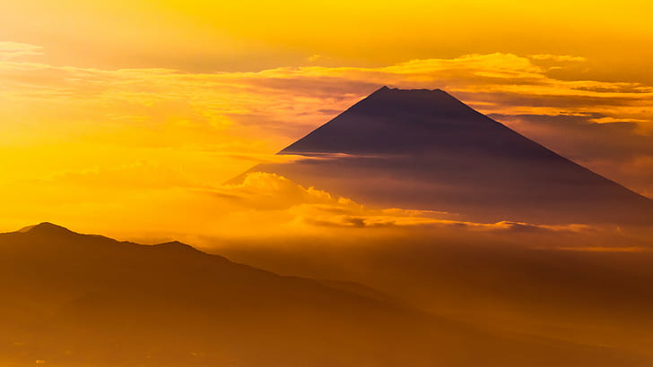 silhuett av berg med gula molnillustration, mt. fuji, mt. fuji, Mt. Fuji, solnedgång, tid, silhuett, berg, gul, moln, illustration, Golden hour, Hakone, Turn-gädda, Kanagawa, SAL70300G, Japan, ILCE-7M2, natur, himmel, berg, orange Färg, HD tapet