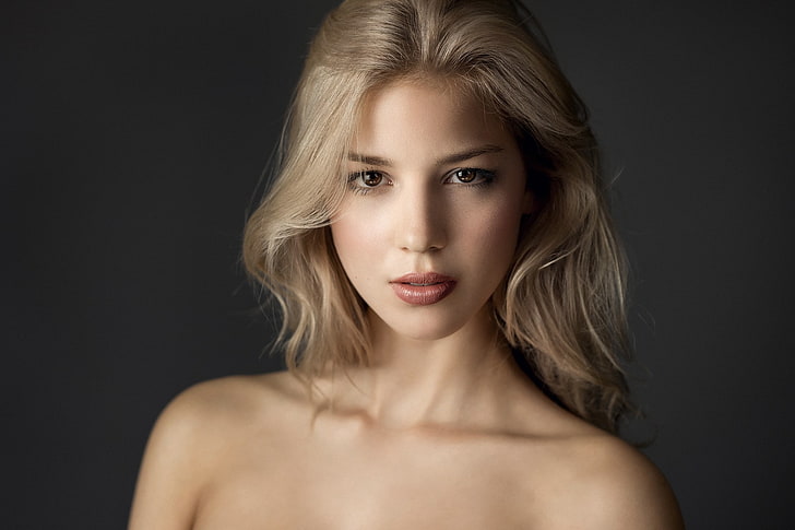 women, blonde, portrait, face, simple background, model, HD wallpaper