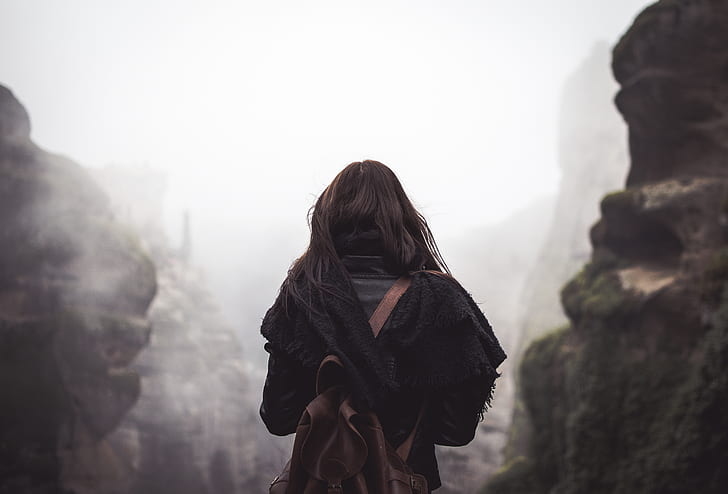 traveller, mountains, mist, bag, alone, HD wallpaper
