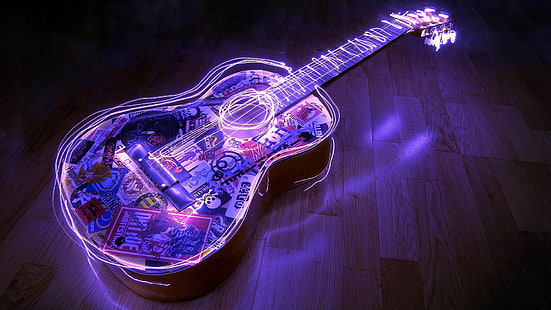 гитара, цифровая, искусство, свет, дизайн, движение, черный, технология, цвет, графика, 3d, HD обои HD wallpaper