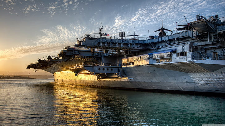 sunset, military base, military aircraft, aircraft carrier, ship, water, USS Midway, aircraft, sea, HD wallpaper