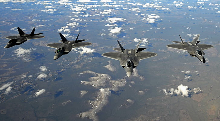 F22 Raptors, vier graue Jet-, Militär-, Raptor-, Jäger- und Flugzeug-Flugzeuge, HD-Hintergrundbild