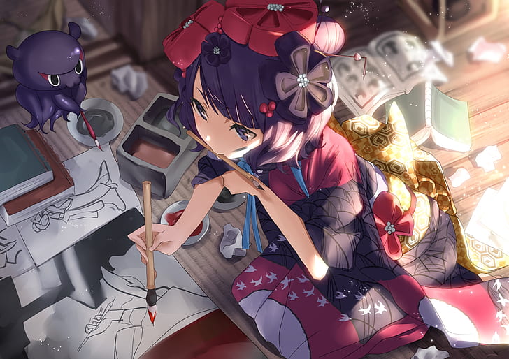 Anime, Anime Girls, lila Haare, Blume im Haar, HD-Hintergrundbild