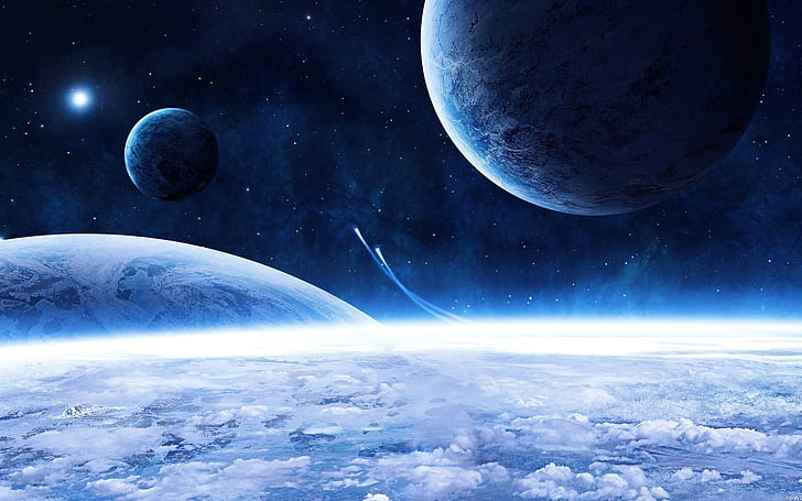 Kapal luar angkasa dan planet biru, Luar Angkasa, Kapal, Biru, Planet, Wallpaper HD