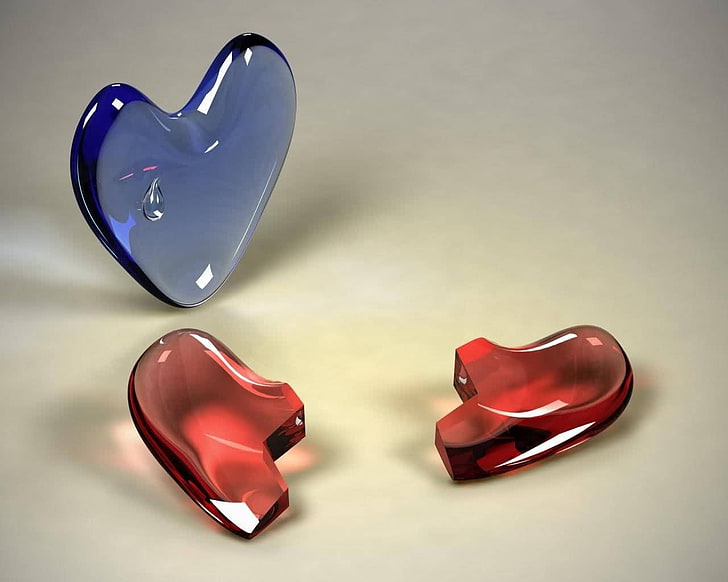 червен скъпоценен камък сърце висулка, сърце, двойка, стъкло, пукнатина, разделяне, HD тапет