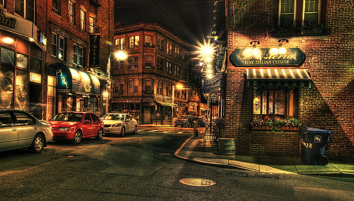 черна и кафява дървена маса, градска, градска, кола, Бостън, ресторант, HD тапет