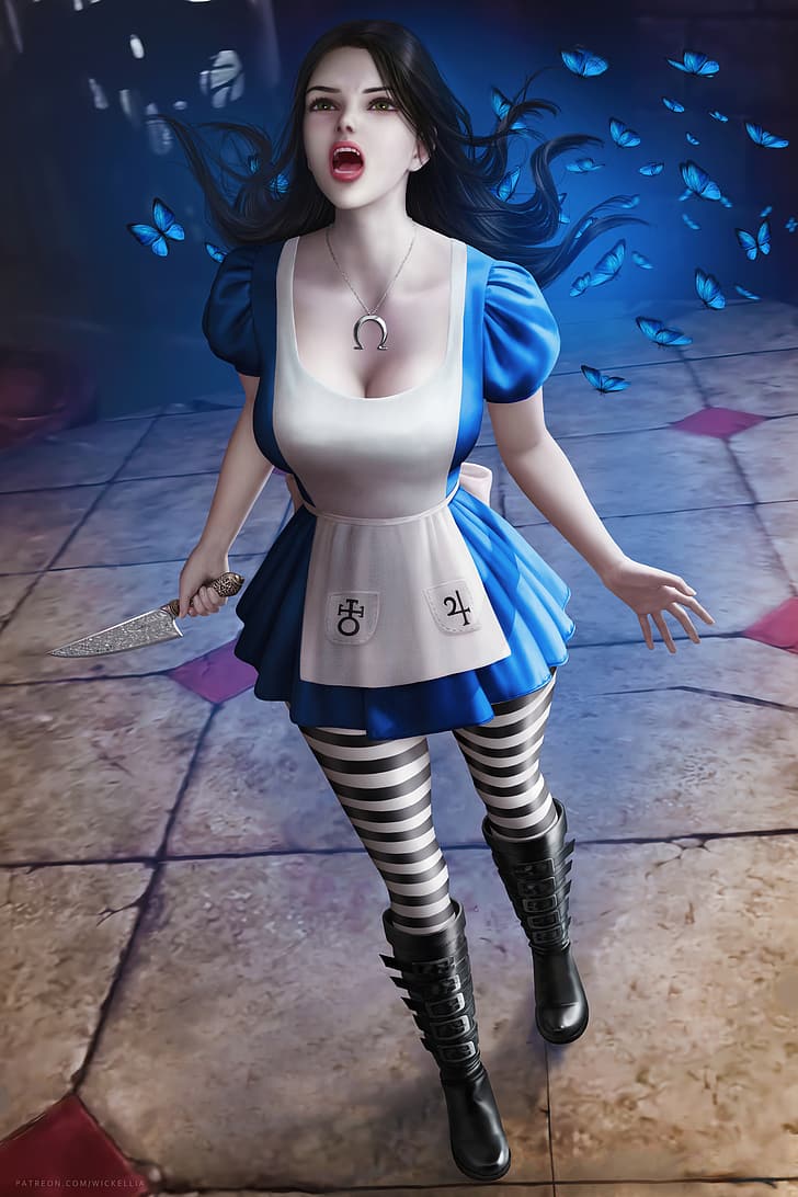 Alice Lidell, Alice, American McGee's Alice, Alice: Madness Returns, video games, video game girls, knife, butterfly, screaming, open mouth, dress, pantyhose, boots, artwork, drawing, fan art, Wickellia, HD wallpaper