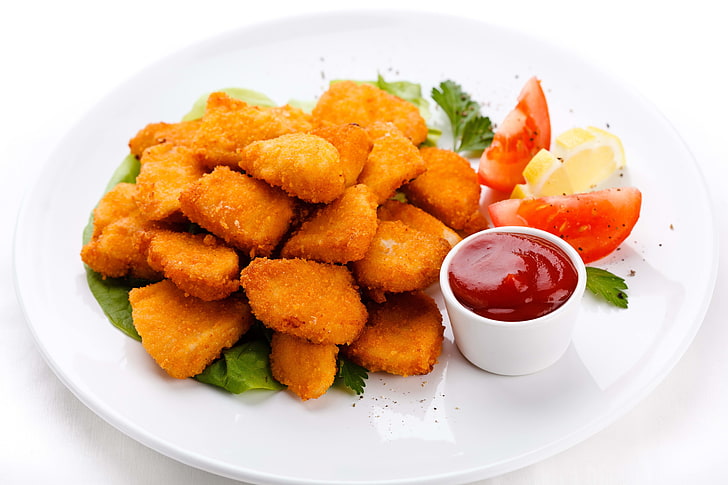 fried nuggets on white ceramic plate, chicken, meat, ketchup, dish, HD wallpaper