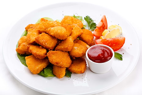 fried nuggets on white ceramic plate, chicken, meat, ketchup, dish, HD wallpaper HD wallpaper