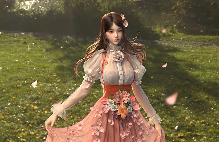 삽화, 디지털 아트, Yangzhengnan Cheng, 판타지 소녀, 꽃, 벚꽃, 드레스, 3d 소녀, 3D 그래픽, 여성, HD 배경 화면