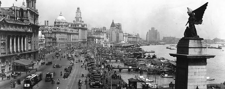 Shanghai 1930, grayscale photo of city near body of water, Vintage, Shanghai, 1930, HD wallpaper HD wallpaper