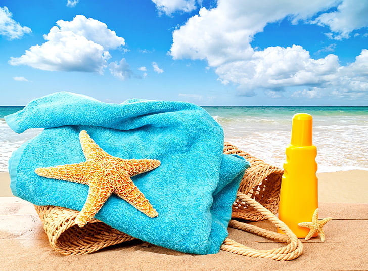 niebieski ręcznik, gwiazdka i brązowy kosz, morze, plaża, lato, słońce, pobyt, wakacje, słońce, torba, rozgwiazda, ręcznik, akcesoria, Tapety HD