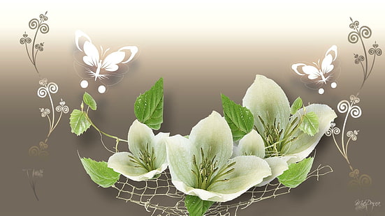 Fiori di bianco, persona firefox, beige, sfumato, farfalle, farfalle, estate, fiori, 3d e astratto, Sfondo HD HD wallpaper