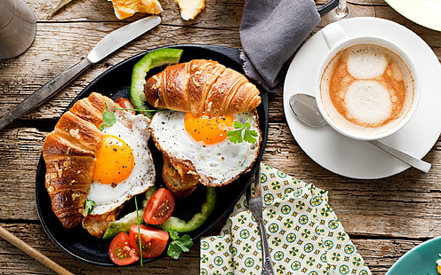 Завтрак, еда, хлеб, яичница, помидор, кофе, Завтрак, еда, хлеб, жареные, яйца, помидор, кофе, HD обои HD wallpaper