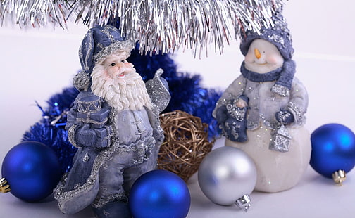 дед мороз, снеговик, новый год, елочные украшения, мишура, снеговик и санта клаус керамическая фигура, дед мороз, снеговик, новый год, елочные игрушки, мишура, HD обои HD wallpaper