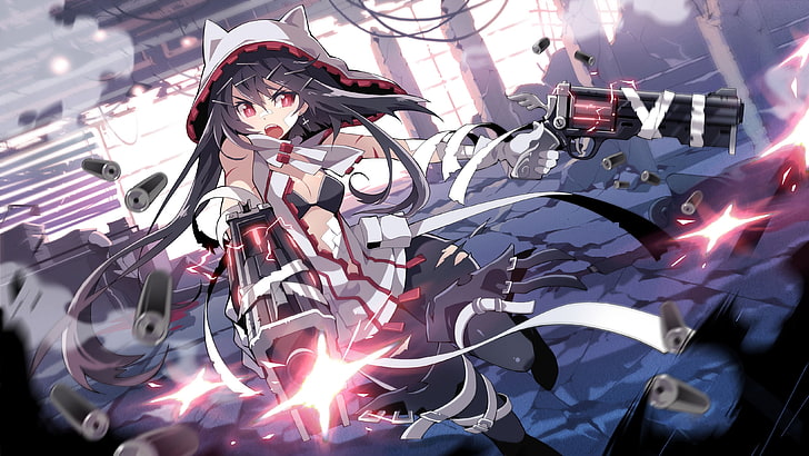 weibliche Anime Charakter digitale Tapete, Anime Mädchen, Pistole, rote Augen, Waffe, Soul Worker, Anime, HD-Hintergrundbild