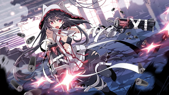 женский аниме персонаж цифровые обои, аниме девушки, пистолет, красные глаза, оружие, Soul Worker, аниме, HD обои HD wallpaper