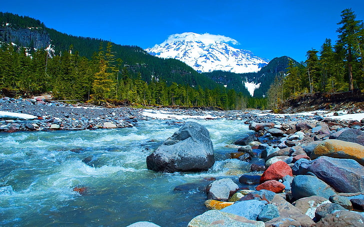 flowing river and white mountain, nature, landscape, river, stones, mountains, mount rainier national park,, Washington state, USA, HD wallpaper