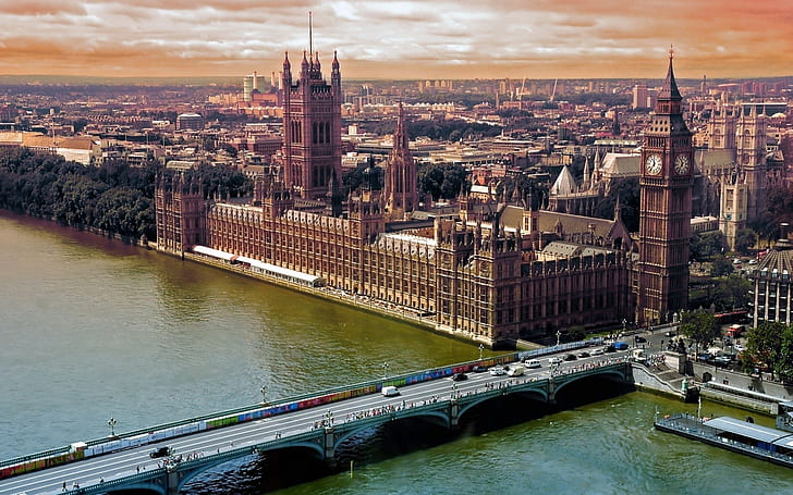 Лондон, Великобритания, река Темза, мост, градски пейзаж, HD тапет