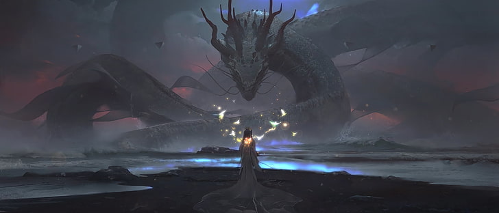 virtual game screenshot, dragon, artwork, water, birds, clouds, horns, mythology, sea monsters, mist, fantasy art, coast, waves, magic, HD wallpaper