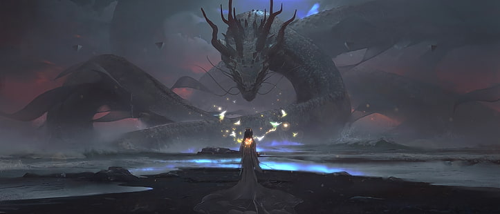 virtual game screenshot, dragon, artwork, water, birds, clouds, horns, mythology, sea monsters, mist, fantasy art, coast, waves, magic, HD wallpaper HD wallpaper