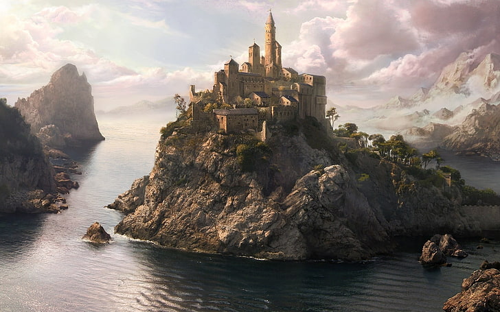 castle on island illustration, fantasy art, fantasy city, HD wallpaper