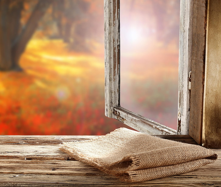 brown textile, autumn, window, sill, burlap, HD wallpaper
