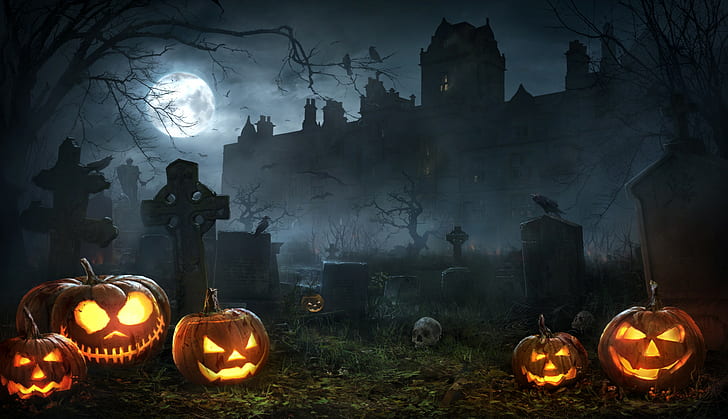 Semester, Halloween, kyrkogård, kyrkogård, Jack-o'-lantern, natt, HD tapet