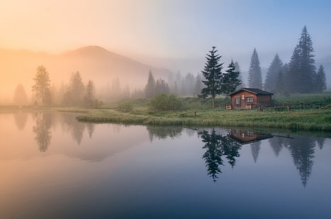 лес, горы, туман, дом, отражение, утро, ели, пруд, HD обои HD wallpaper