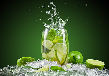 citrus fruits, ice, squirt, green, background, glass, cocktail, lime, citrus, fruit, Mojito, HD wallpaper HD wallpaper