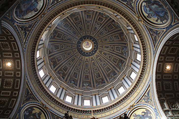 architecture, art, building, cathedral, ceiling, church, city, culture, cupola, design, dome, landmark, ornate, patterns, religion, rotunda, san pablo, st peters basilica, travel, vatican, wormss eye view, HD wallpaper