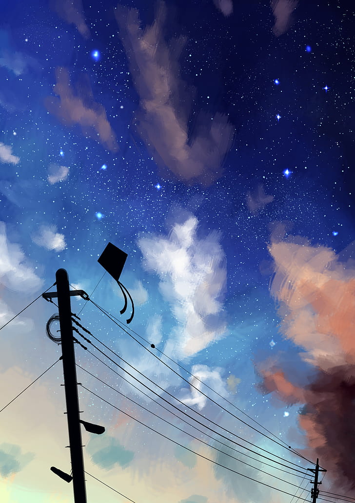 kite, wires, night, sky, clouds, HD wallpaper