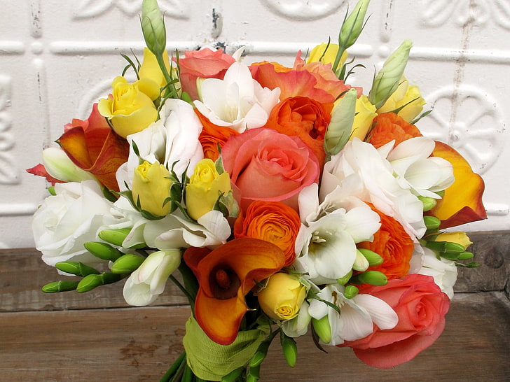 red, yellow, and white flower bouquet, rose, buds, calla lilies, flowers, flower, beauty, HD wallpaper