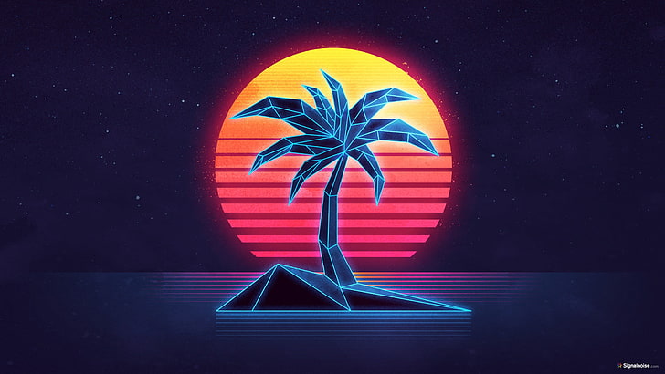 blue palm plant illustration, 1980s, palm trees, Sun, stars, island, sea, reflection, HD wallpaper
