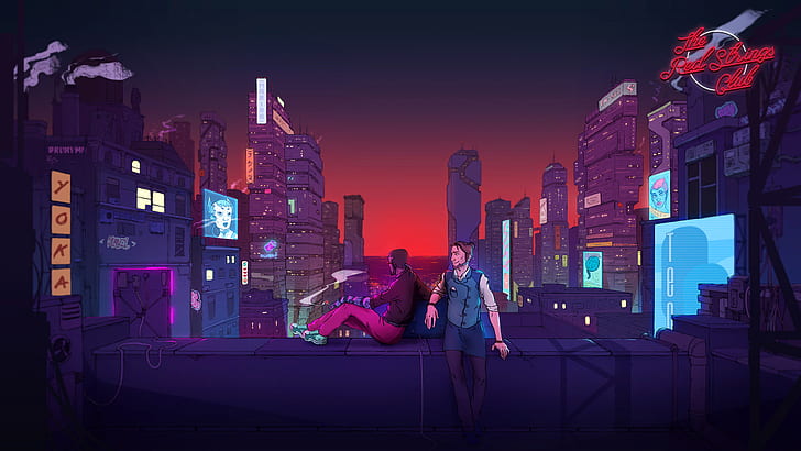 The red strings club, cityscape, rooftops, video game art, video game characters, Deconstructeam, cyberpunk, neon, skyscraper, HD wallpaper