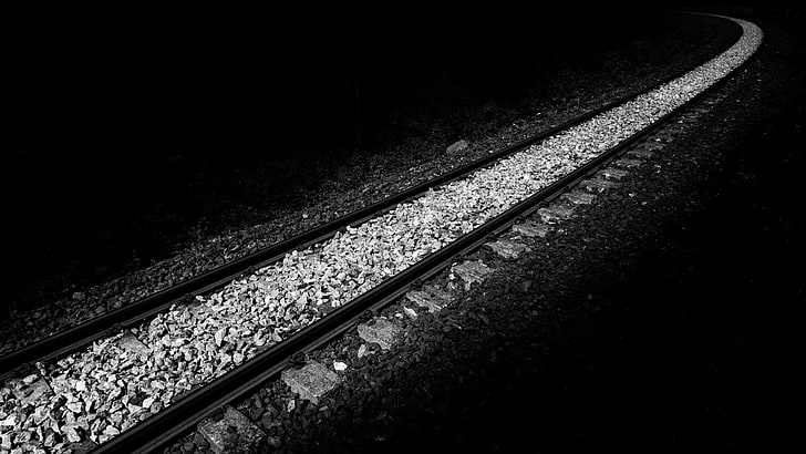 train track, monochrome, railway, stones, night, black background, plants, minimalism, simple, HD wallpaper