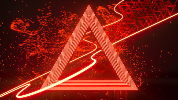 neon, red, line art, lines, triangle, floating particles, sparkle, sparkles, shining, neon glow, glowing, dark background, 3D Abstract, abstract, digital art, HD wallpaper