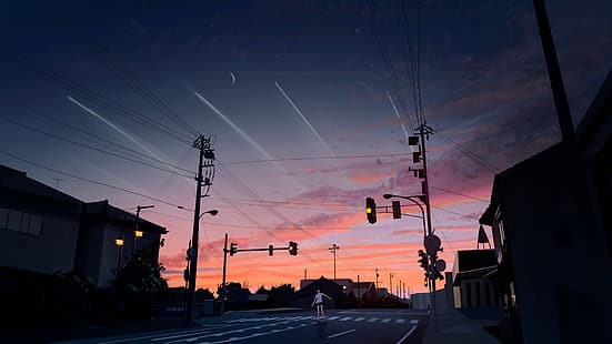  anime girls, street, night, Anime 4k, HD wallpaper HD wallpaper