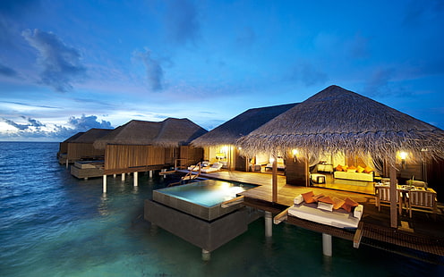 Hotel Maldivas Océano Índico, marrón nipa hut, Hotel, Maldivas, Índico, Océano, Fondo de pantalla HD HD wallpaper