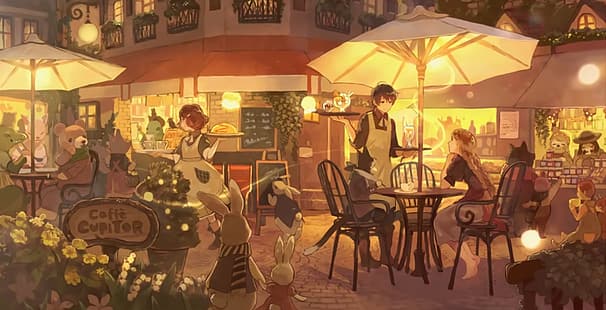 anime, kawiarnia, noc, światła, na zewnątrz, kwiaty, zwierzęta, króliki, dziewczyny anime, chłopcy anime, Tapety HD HD wallpaper