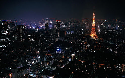 городской пейзаж, Токио, ночь, Япония, HD обои HD wallpaper